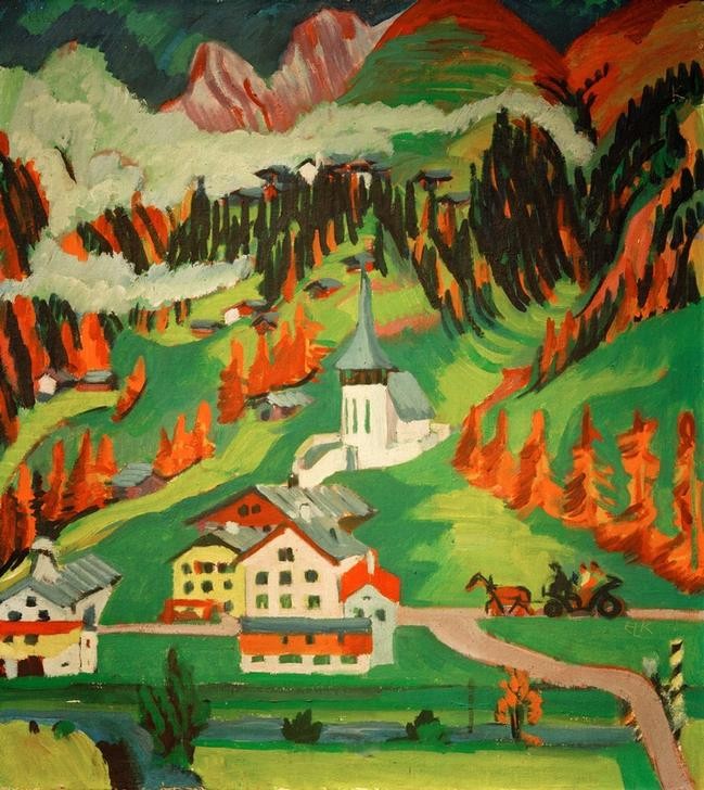Ernst Ludwig Kirchner, Frauenkirch im Herbst (Deutsche Kunst,Dorf,Gebirge,Geographie,Herbst,Jahreszeiten,Landschaft,Expressionismus,Die Brücke,Topographie)