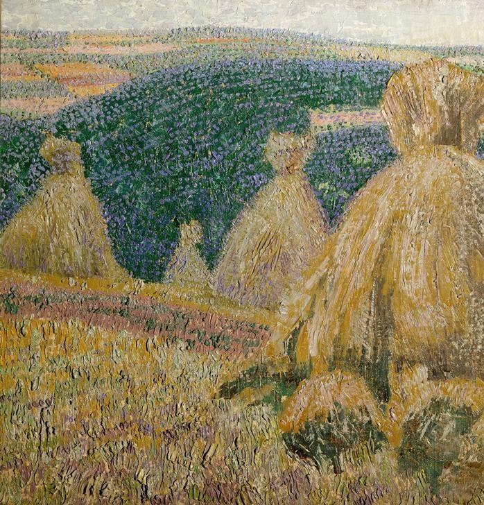 Leopold Blauensteiner, Landschaft mit Ährengarben (Ernte,Getreideanbau,Jahreszeiten,Landschaft,Sommer,Weizen,Impressionismus,Pointillismus,Getreide,Österreichische Kunst,Dreschen,Garbe,Landwirtschaft)