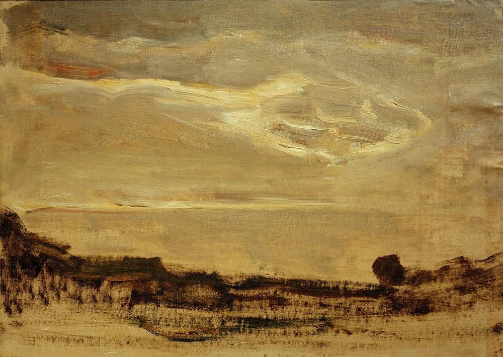 Piet Mondrian, Abendhimmel mit leuchtender Wolke (Himmel (Natur),Kunst,Landschaft,Meteorologie,Sonnenuntergang,Wolke,Tageszeiten,Abend,Fauves,Abstrakte Kunst,Niederländische Kunst,Sonnenlicht,Braun,Abstraktion,Monochromie,Farbe)