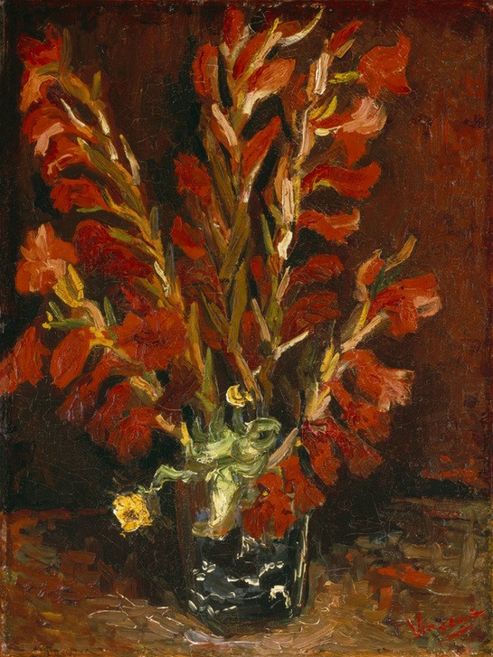 Vincent van Gogh, Nature morte: Vase aux glaieuls (Botanik,Kunst,Impressionismus,Stillleben,Blumenstrauss,Vase,Niederländische Kunst,Blume,Rot,Gladiole)
