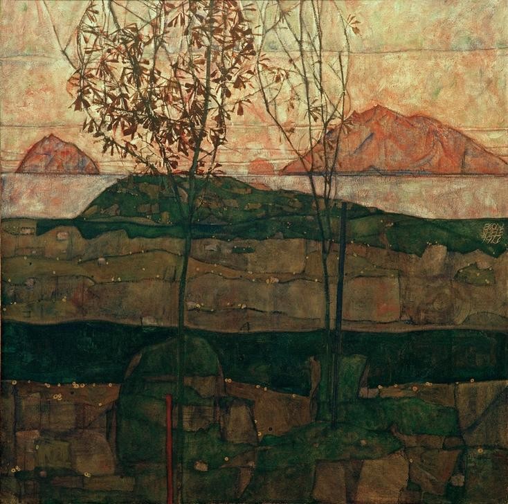 Egon Schiele, Versinkende Sonne (Kunst,Landschaft,Sonnenuntergang,Tageszeiten,Abend,Baum,Expressionismus,Österreichische Kunst)