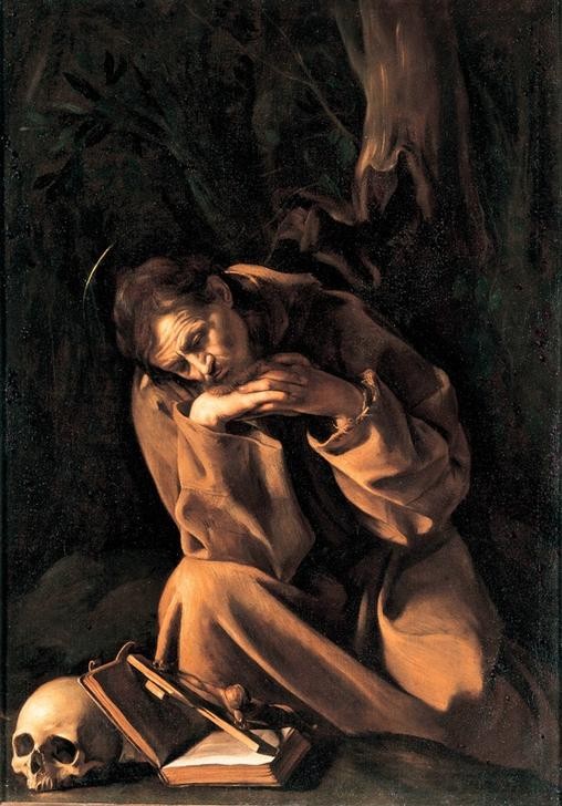 Caravaggio, Der Heilige Franz von Assisi im Gebet (Buch, Beten, Meditation, Schädel, Einsamkeit, Christentum, Franziskaner, Gebet, Mönch, Barock, hell-dunkel, Klassiker, Malerei, Wunschgröße, Wohnzimmer)