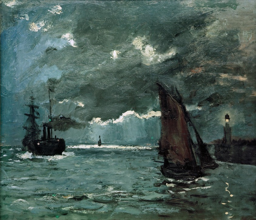Claude Monet, Seestück, Schiffe im Mondschein (Boot,Dampfer,Himmel (Natur),Küste,Kunst,Landschaft,Leuchtturm,Meteorologie,Mond,Schiff,Schiffstypen,Segelschiff,Verkehr,Wolke,Tageszeiten,Nacht,Meer,Impressionismus,Segelboot,Marinemalerei,Französische Kunst,Mondschein,Dunkelheit,Schifffahrt)