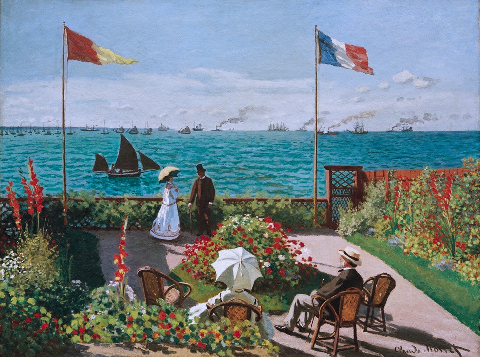 Claude Monet, Terrasse à Sainte-Adresse (Besuch,Boot,Botanik,Dampfer,Familie,Frau,Garten Und Park,Gesellschaftliches Leben,Jahreszeiten,Kunst,Landschaft,Mann,Menschen Im Park,Meteorologie,Möbel,Freizeit,Schiff,Schiffstypen,Segelschiff,Sitzmöbel,Sommer,Terrasse,Vater,Verkehr,Wetter,Meer,Impressio)