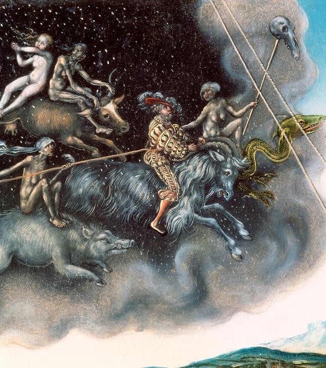 Lucas Cranach der Ältere, Die Melancholie (Deutsche Kunst,Hexe,Hexenritt,Hexensabbath,Magie,Esoterik,Aberglaube,Psychologie,Wildschwein,Renaissance,Melancholie,Teufel,Phantastische Kunst)