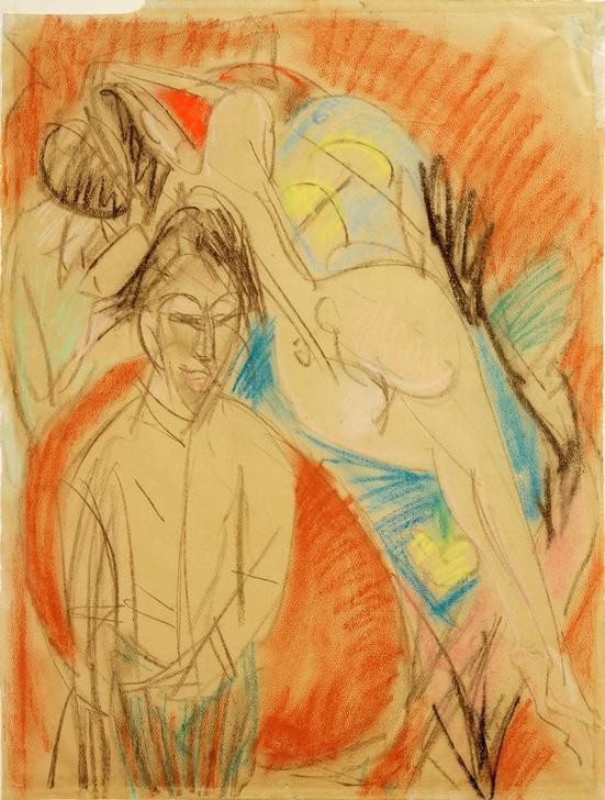 Ernst Ludwig Kirchner, Maler und nackte Frau (Selbstbildnis mit Modell) (Bildhauer,Deutsche Kunst,Frau,Künstler Und Modell,Künstler,Maler (Künstler),Mann,Modell,Selbstbildnis,Akt,Portrait,Expressionismus,Rückenakt,Die Brücke,Person)