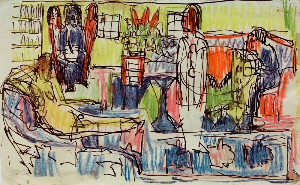 Ernst Ludwig Kirchner, Bohème moderne (Deutsche Kunst,Gesellschaftliches Leben,Gesellschaft,Gruppenbild,Künstlerleben,Künstler,Expressionismus,Interieur,Die Brücke,Boheme,Geselliges Beisammensein)