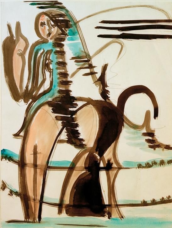 Ernst Ludwig Kirchner, Die Reiterin (1. größere Fassung) (Deutsche Kunst,Pferd (Tier),Freizeit,Reiter,Expressionismus,Reise,Die Brücke,Reiterin,Frauenleben,Reiten,Reitpferd)