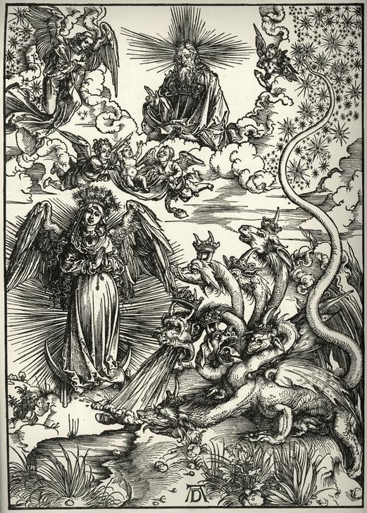 Albrecht Dürer, Das Sonnenweib und der siebenköpfige Drache (Christentum,Deutsche Kunst,Engel,Religion,Stern,Renaissance,Fabelwesen,Neues Testament,Bibel,Gottvater,Apokalypse,Sonnenweib,Drache (Fabelwesen))