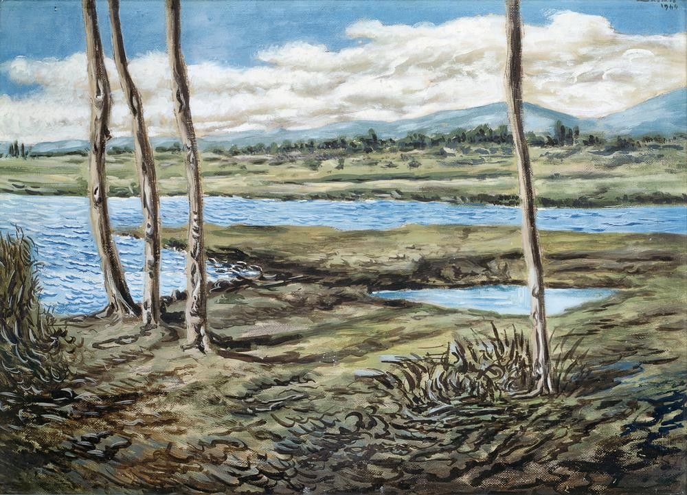 Alberto Savinio, Unbekannt (Landschaft, Landschaftsmalerei, Ebene, Fluss, Baumstämme, Panorama, Wolken, Klassische Moderne, Wunschgröße, Wohnzimmer)