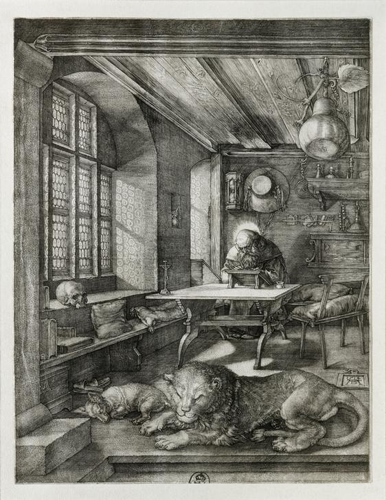 Albrecht Dürer, Der heilige Hieronymus im Gehäus (Arbeitszimmer,Deutsche Kunst,Heilige,Löwe (Tier),Wohnung,Renaissance,Kirchenvater,Übersetzer,Haustier)