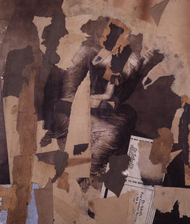Kurt Schwitters, Untitled (Dr Scholl) (Klassische Moderne, Malerei, Abstrakt, Collage, Zeitung,    geometrische Formen, Papierschnipsel, Dadaismus, Wohnzimmer, Treppenhaus, Wunschgröße)