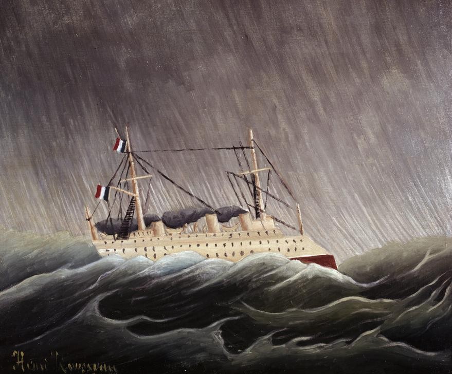 Henri Rousseau, Barco en la tempestad (Schiff, Dampfer, Sturm, Gewitter, Seegang, Wellen, Wetter, Regen, Meer, Meeresbrise, Marinemalerei, französische Flaggen, naive Malerei, Wunschgröße, Wohnzimmer, Treppenhaus, Malerei, klassische Moderne, bunt)