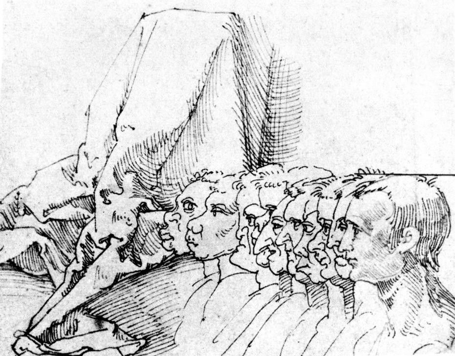 Albrecht Dürer, Zehn Profilköpfe, meist karikiert, und Gewandstudie (Deutsche Kunst,Karikatur,Mann,Renaissance,Portrait,Physiognomik,Gesichtsform)