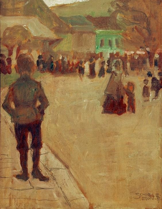 Egon Schiele, Vor dem Leopolditag in Klosterneuburg (Kunst,Strassenszene,Volkskunde,Fussgänger,Österreichische Kunst,Privatsammlung)