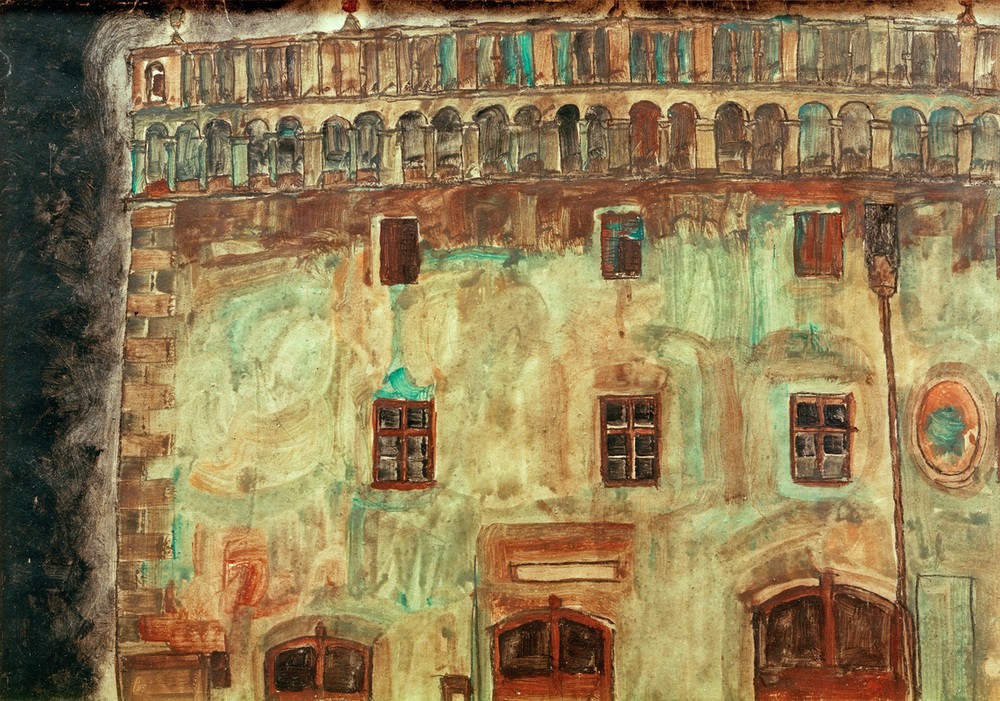 Egon Schiele, Krumauer Rathaus (Teilansicht) I (Architektur,Kunst,Rathaus,Teilansicht,Architekturdarstellung,Österreichische Kunst,Aussenansicht,Privatsammlung)