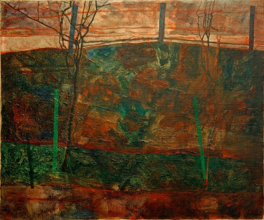Egon Schiele, Landschaft mit rotem Himmel (Kunst,Landschaft,Baum,Expressionismus,Österreichische Kunst,Kargheit)