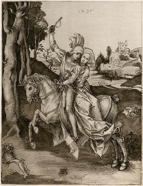 Albrecht Dürer, Paar zu Pferde (Deutsche Kunst,Frau,Landschaft,Liebespaar,Mann,Ritter,Entführung,Reiter,Adel,Paar,Satteldecke,Reitpferd)
