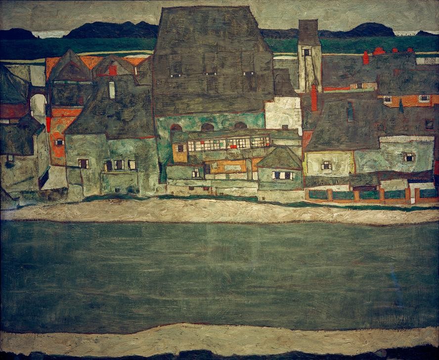 Egon Schiele, Häuser am Fluß II (Altstadt,Architektur,Kunst,Stadt,Teilansicht,Fluss,Expressionismus,Stadtansicht,Architekturdarstellung,Österreichische Kunst)