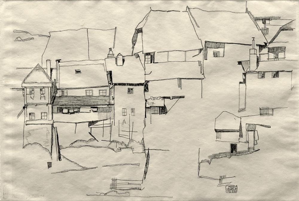 Egon Schiele, Alte Häuser in Krumau (Altstadt,Architektur,Haus,Kunst,Wohnhaus (Allgemein),Österreichische Kunst)