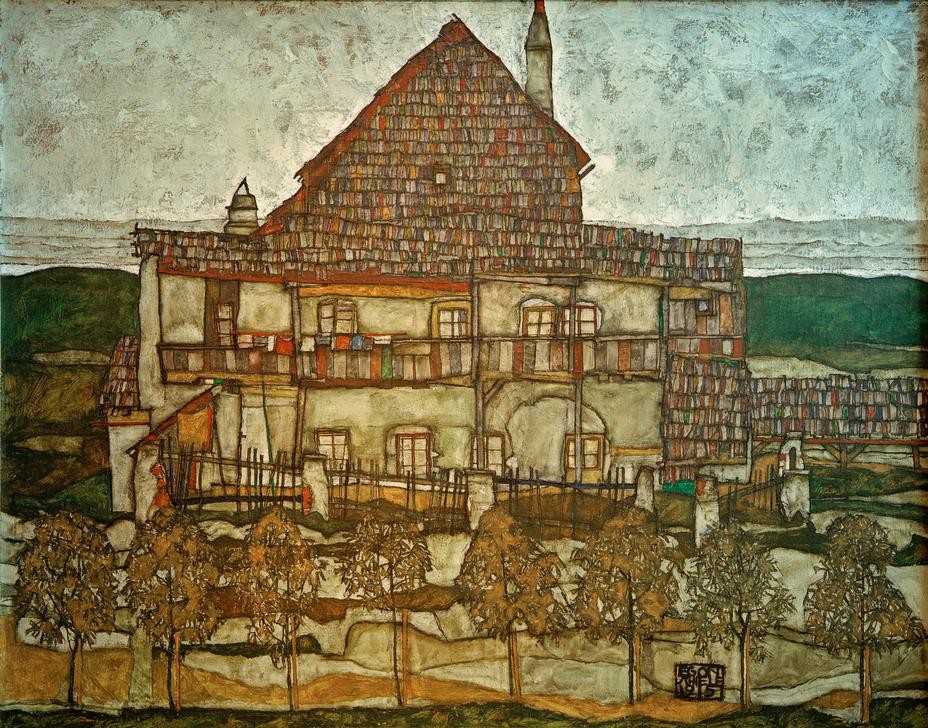 Egon Schiele, Haus mit Schindeldach (Architektur,Haus,Kunst,Wohnhaus (Allgemein),Expressionismus,Architekturdarstellung,Österreichische Kunst,Aussenansicht,Schindeldach)