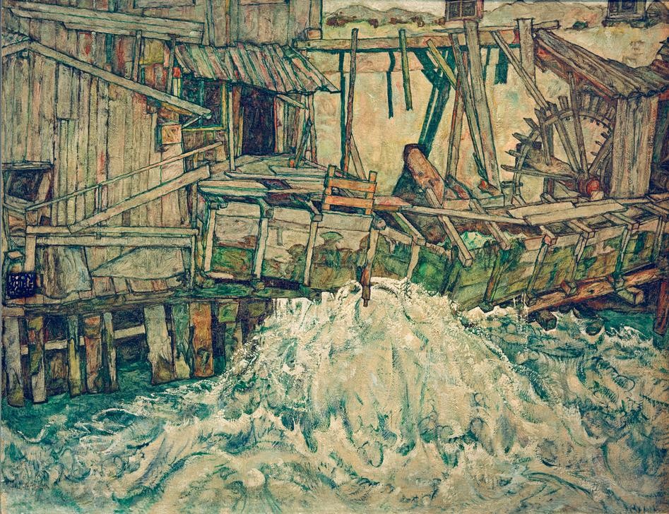Egon Schiele, Zerfallende Mühle (Architektur,Kunst,Mühle,Wasser,Wassermühle,Holz,Technik,Expressionismus,Wasserkraft,Architekturdarstellung,Österreichische Kunst,Baufälligkeit,Verfall,Zerfall,Schlechter Baulicher Zustand)