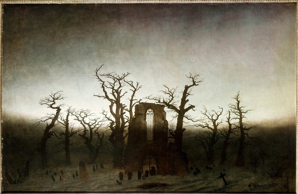 Caspar David Friedrich, Abtei im Eichwald (Abtei,Begräbnis,Deutsche Kunst,Eiche,Friedhof,Jahreszeiten,Landschaft,Ruine,Tod,Winter,Trauer,Baum,Lebensabend,Natur,Trostlosigkeit,Romantik,Vor Der Restaurierung,Symbolik)