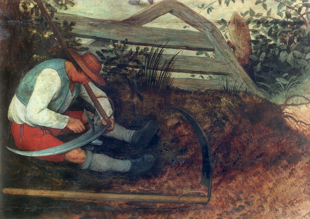 Pieter Brueghel der Ältere, Die Heuernte (Bauer (Landwirt),Ernte,Gesinde,Jahreszeiten,Juli,Kunst,Mann,Monat,Sommer,Schnitter (Ernte),Sense,Renaissance,Heu,Niederländische Kunst,Dengeln,Mähen,Landwirtschaft,Ausschnitt)