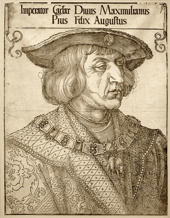 Albrecht Dürer, Kaiser Maximilian I. (Deutsche Kunst,Geschichte,Goldenes Vlies,Kaiser,Kopfbedeckung,Mann,Renaissance,Portrait,Habsburger,Barett,Ordenskette,Heiliges Römisches Reich Deutscher Nation,Person)
