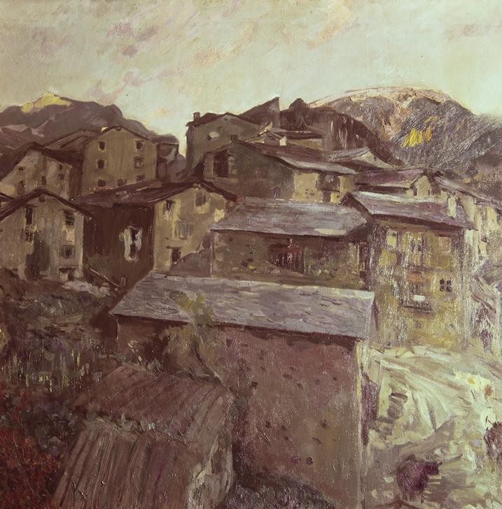 Joaquim Mir, Landschaft (Dorf, Felsendorf, Häuser, Architektur, Landschaft, Post-Modernisme, Malerei, Klassische Moderne, Wunschgröße, Wohnzimmer, Treppenhaus, grau/braun)