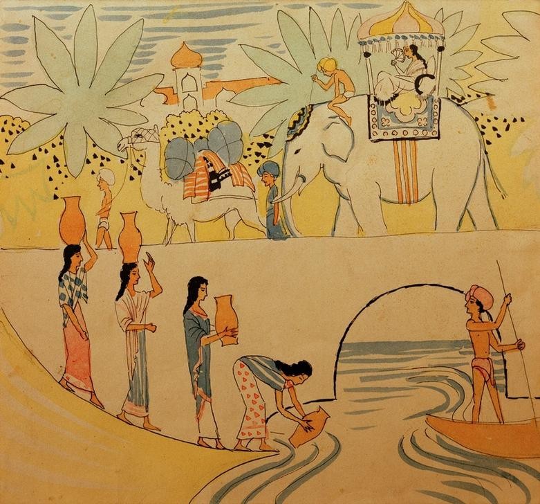 August Macke, Der Traum des Jünglings – Märchenerzählerin (Deutsche Kunst,Elefant,Kamel,Kunst,Literatur,Märchen,Wasser,Fluss,Orientalismus,Expressionismus,Der Blaue Reiter,Entwurf,Wasserträgerin)