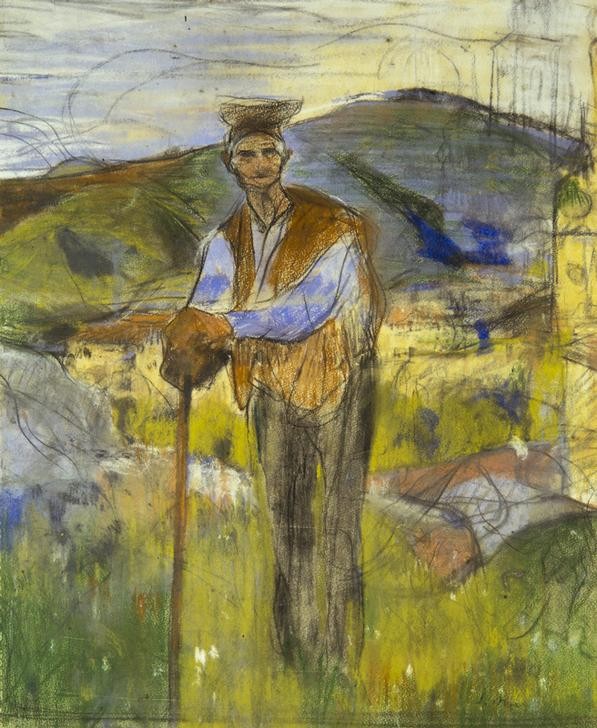 Joaquim Mir, Der alte Tabaksbeutel (Bauer, Landwirt, Landschaft, Mann, Landleben, Hügel, Studie, Zeichnung, Post-Modernisme,  Klassische Moderne, Wunschgröße, Wohnzimmer, Treppenhaus, bunt)