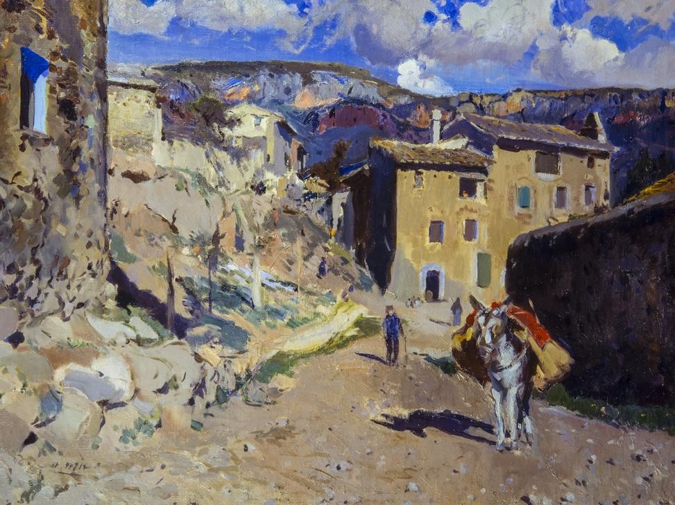 Joaquim Mir, L’Alforja (Dorf, Haus, Esel, Weg, Landleben, Maultier, Katalanische Kunst, Post-Modernisme, Malerei, Klassische Moderne, Wunschgröße, Wohnzimmer, Treppenhaus, bunt)