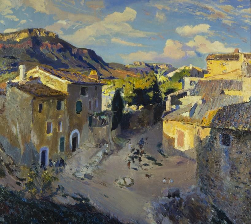 Joaquim Mir, Schönes Land (Bauernhaus, Dorf, Straße,  Sonnenaufgang, Landleben, Bergdorf, rustikal, Idylle, Post-Modernisme, Malerei, Klassische Moderne, Wunschgröße, Wohnzimmer, Treppenhaus, bunt)