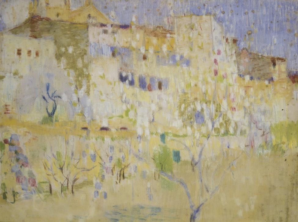 Joaquim Mir, Mandelblüten (Landschaft, Mandelblüte, Frühling, Bergdorf, Post-Modernisme, Malerei, Klassische Moderne, Wunschgröße, Wohnzimmer, Treppenhaus, bunt)