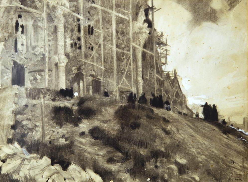 Joaquim Mir, Bau der Sagrada Familia (Kirche, Kathedrale, Baugerüst, Bauarbeiten, Barcelona, Gaudi, Architekturdarstellung, Katalanische Kunst,  Post-Modernisme, Malerei, Klassische Moderne, Wunschgröße, Wohnzimmer, Treppenhaus, schwarz/weiß)