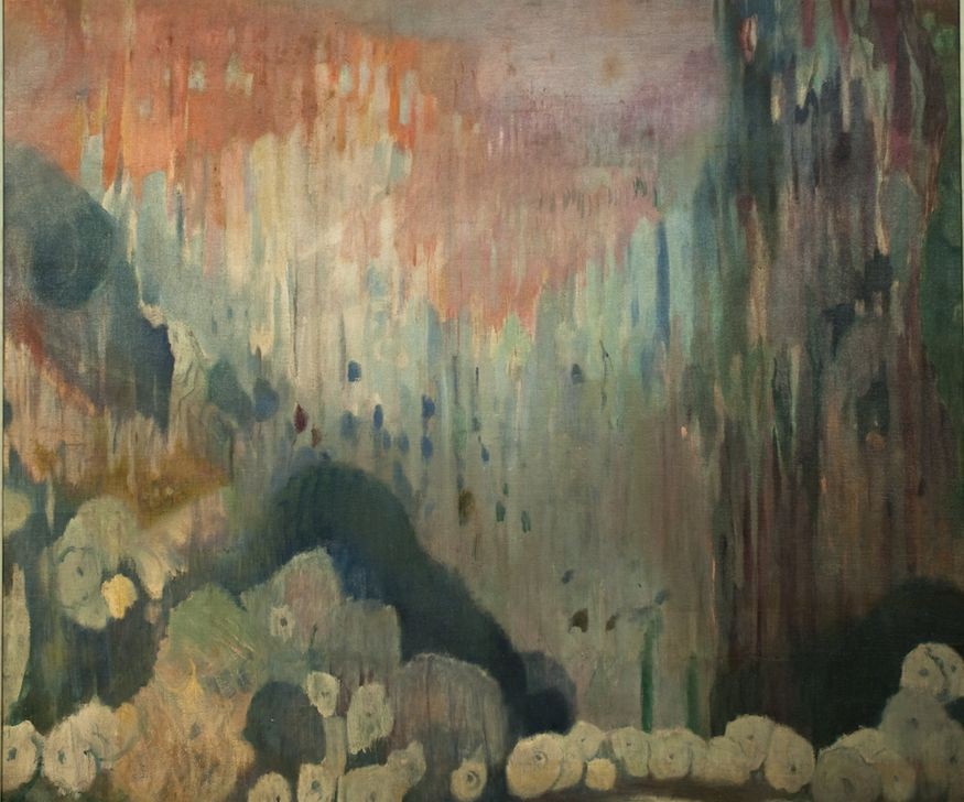 Joaquim Mir, Buchten von Mallorca, Fragment der Dekoration der Casa Trinxet (Landschaft, diffus, abstrahiert, Katalanische Kunst, Abstraktion, Post-Modernisme, Malerei, Klassische Moderne, Wunschgröße, Wohnzimmer, Treppenhaus, bunt)