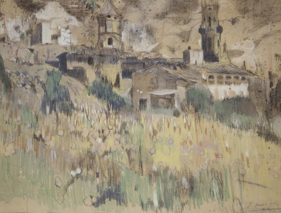 Joaquim Mir, Landschaft bei Maspujols (Landschaft, Dorf, Gebäude, Katalanische Kunst, Post-Modernisme, Malerei, Klassische Moderne, Wunschgröße, Wohnzimmer, Treppenhaus, bunt)