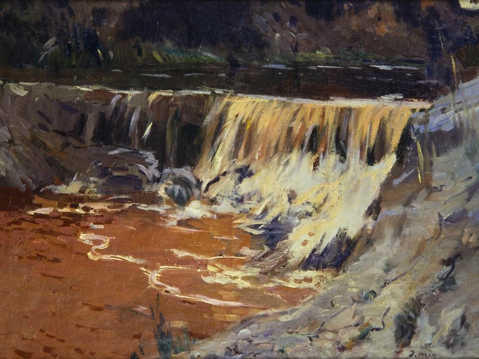 Joaquim Mir, Der Damm (Landschaft, Fluss, Wehr, Damm, rote Erde, Natur, Wasserkraft,  Post-Modernisme, Malerei, Klassische Moderne, Wunschgröße, Wohnzimmer, Treppenhaus, bunt)