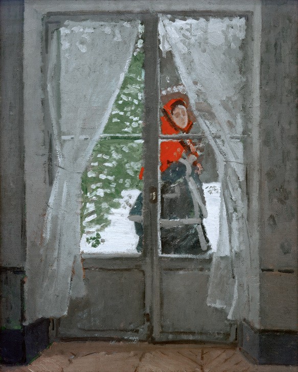 Claude Monet, La capeline rouge, Portrait de Madame Monet (Ehefrau,Damenmode,Fenster,Frau,Jahreszeiten,Kopfbedeckung,Kunst,Maler (Künstler),Mode,Winter,Impressionismus,Schnee,Ehefrau Von Berühmten,Portrait,Künstlerfrau,Blick Aus Dem Fenster,Französische Kunst,Kapuze,Rot,Kniestück,Terrassentür,Gardine)
