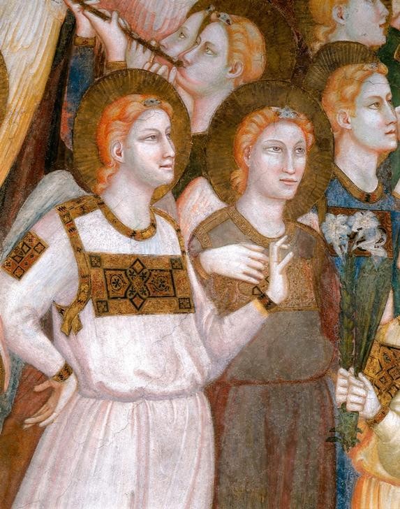Giotto di Bondone, Die Verherrlichung des hl. Franziskus (Christentum, Engel, Heilige, Religion, Posaune, Detail, Klassiker, Gotik, Malerei, Wunschgröße,  Wohnzimmer, bunt)