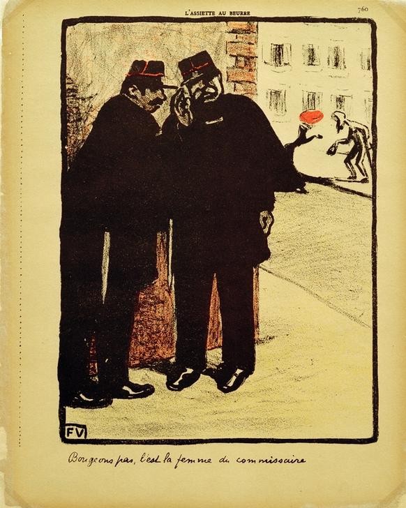 Felix Vallotton, Bougeons pas, c’est la femme du commissaire (Karikatur,Polizei,Recht,Flüstern,Französische Kunst,Schweizerische Kunst,Gesellschaftskritik,Kriminalität,Obrigkeit,Jahrhundertwende)