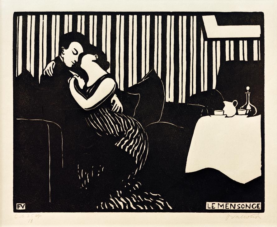 Felix Vallotton, Le mensonge (Liebe Und Ehe,Liebespaar,Mensch,Tapete,Interieur,Sofa,Französische Kunst,Schweizerische Kunst,Gefühl (Stimmung),Streifen,Lügen,Täuschung,Negative Stimmungen Und Gefühle,Rendez-Vous)