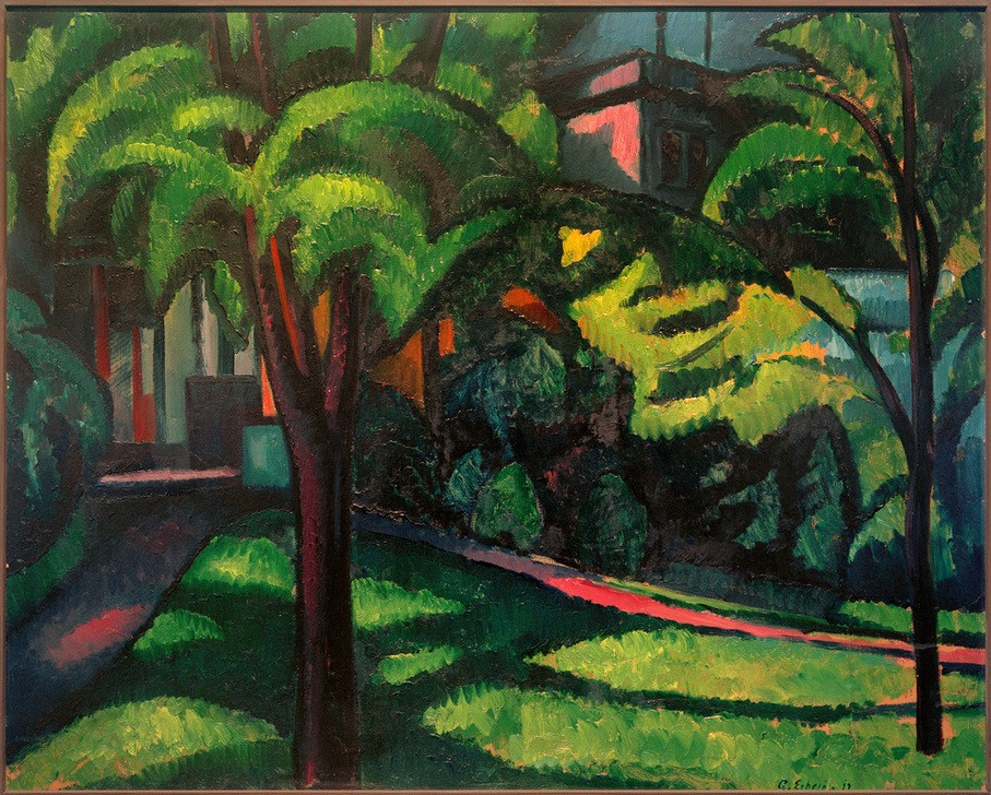 Adolf Erbslöh, Parklandschaft (Architektur,Botanik,Deutsche Kunst,Garten Und Park,Haus,Kunst,Landschaft,Park,Baum,Expressionismus,Architekturdarstellung,Grün,Garten,Farbe)