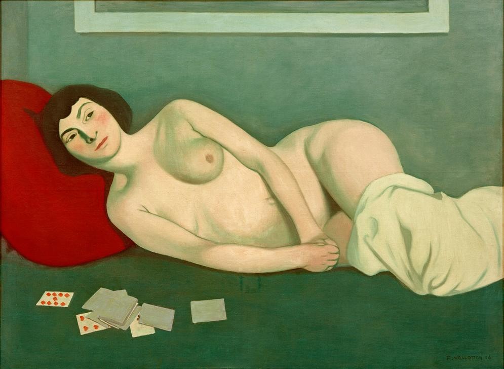 Felix Vallotton, femme nue couchée aux cartes bleues (Frau,Kunst,Mensch,Akt,Kissen,Französische Kunst,Schweizerische Kunst,Spielkarten,Nabis,Junge Frau,Liegen,Blässe,Kopfkissen)