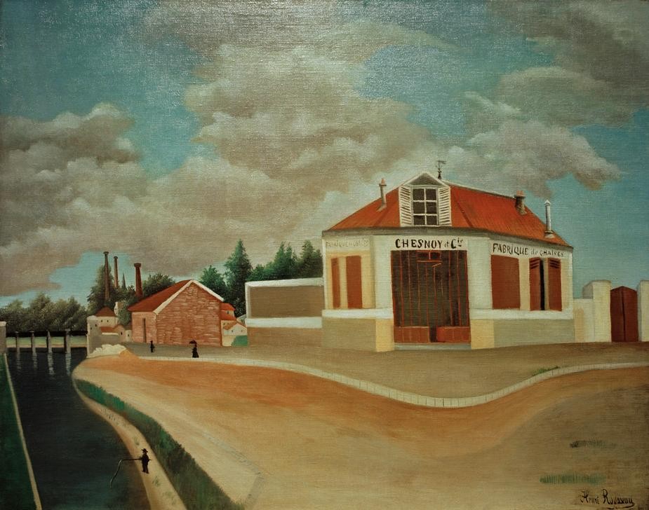 Henri Rousseau, La fabrique de chaises à Alforville (Architektur, Industrie, Stuhl-Fabrik, Gebäude,  naive Malerei, Wunschgröße, Wohnzimmer, Treppenhaus, Malerei, klassische Moderne, bunt)