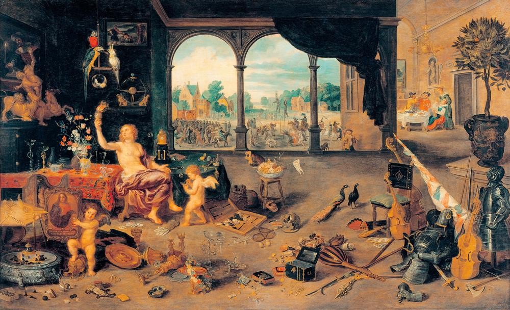 Jan Brueghel der Ältere, Vanitas (Flämische Kunst,Kunst,Laster,Laute,Musik,Mythologie,Papagei,Rüstung (Schutzkleidung),Tugenden Und Laster,Waffe,Barock,Instrument,Allegorie,Pfau,Unordnung,Arkade,Vanitas,Niederländische Kunst,Seifenblase,Morallehre,Symbolik)