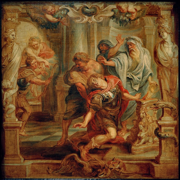 Peter Paul Rubens, Die Ermordung Achills (Erschiessen,Flämische Kunst,Krieg,Kunst,Mythologie,Szene,Teppich,Tod,Waffe,Barock,Tod In Der Schlacht,Trojanischer Krieg,Mord,Niederländische Kunst,Schmerz,Achillesferse,Pfeil Und Bogen,Griechisch-Römische Mythologie)
