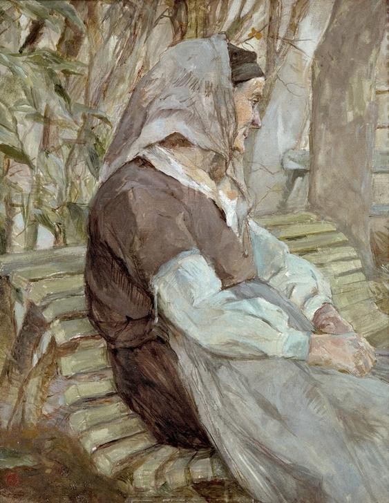 Henri de Toulouse-Lautrec, Vieille Femme assise sur un banc, à Céleryran (Frau,Kunst,Mensch,Bank (Sitzgelegenheit),Alter,Impressionismus,Portrait,Schürze,Französische Kunst,Resignation,Im Freien (Allgemein),Lebensabend,Landbevölkerung,Sitzen,Alte Frau,Hände Im Schoss,Kopftuch)