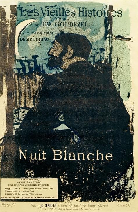 Henri de Toulouse-Lautrec, Nuit Blanche (Jugendstil,Kunst,Mann,Musik,Tageszeiten,Nacht,Französische Kunst,Titelseite,Lied,Illustration,Schlafstörung)